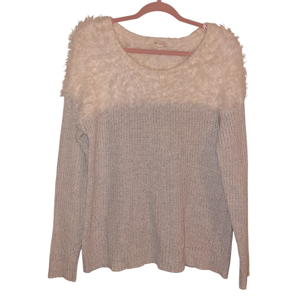 Turo by Vince Camuto Size Large White and‎ Gray Knit Sweater Crew Neck Eyelash
